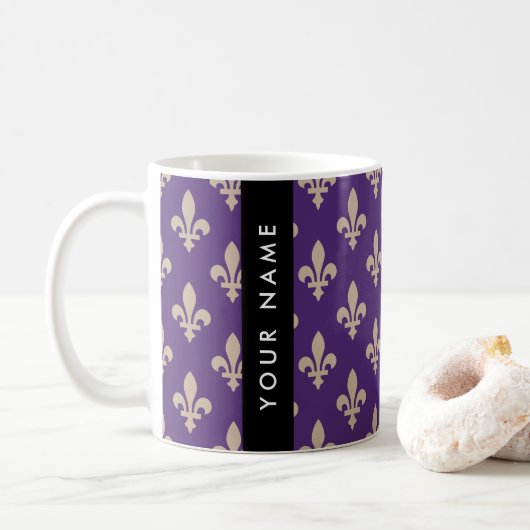 Mug Fleur de Lis, Beige on Purple, Royal, Your Name (Avec donut)