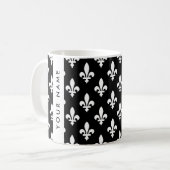Mug Fleur de Lis, Blanc sur Noir, Blanc, Votre Nom (Devant gauche)