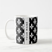 Mug Fleur de Lis, Blanc sur Noir, Blanc, Votre Nom (Gauche)