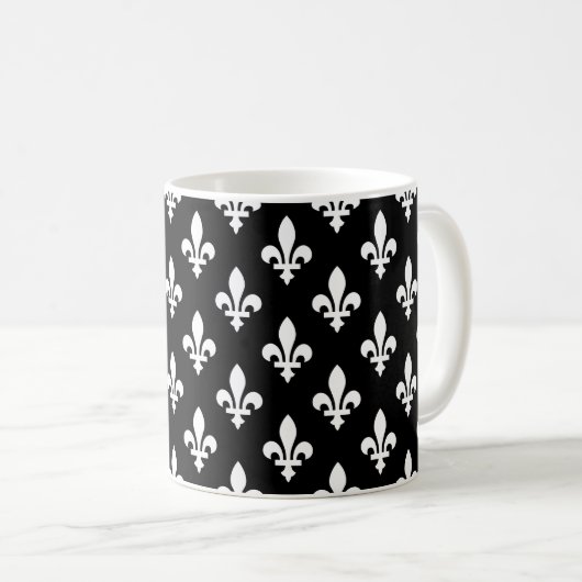 Mug Fleur de Lis Motif, Royal French, Blanc sur Noir (Devant droit)