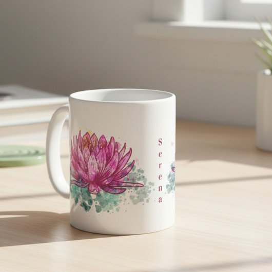 Mug Fleur de Lotus à l'aquarelle rose avec nom