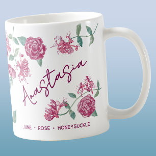 Mug Fleur de naissance de juin Nom personnalisé Rose C