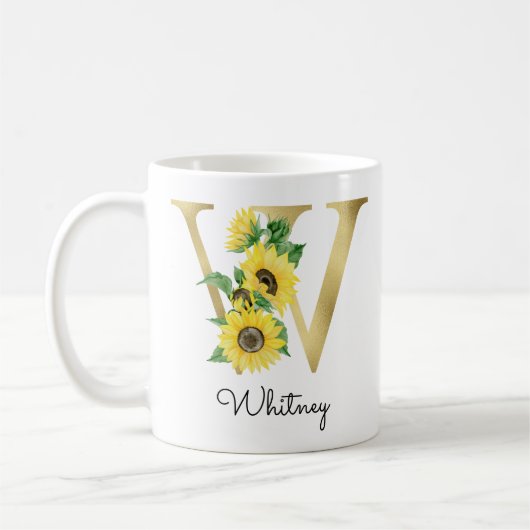 Mug Fleur de tournesol doré initiale W monogrammée (Gauche)