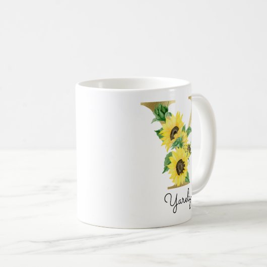 Mug Fleur de tournesol dorée monogrammée initiale Y (Devant droit)