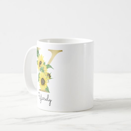 Mug Fleur de tournesol dorée monogrammée initiale Y (Devant gauche)
