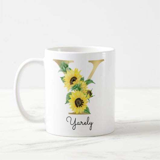Mug Fleur de tournesol dorée monogrammée initiale Y (Gauche)