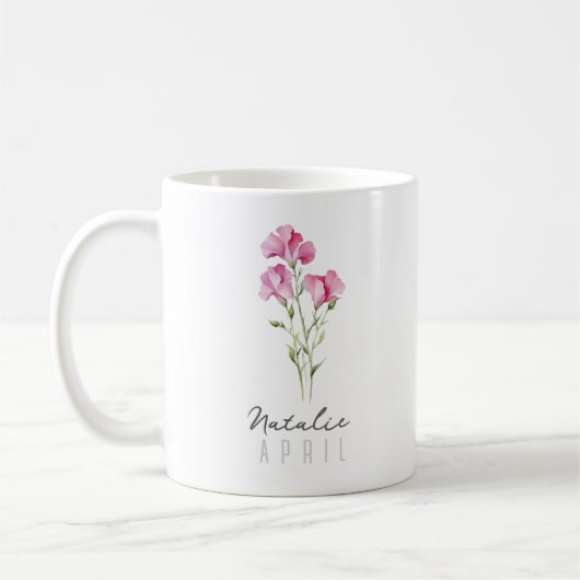 Mug Fleur du mois de naissance d'avril avec nom – Pois (Gauche)