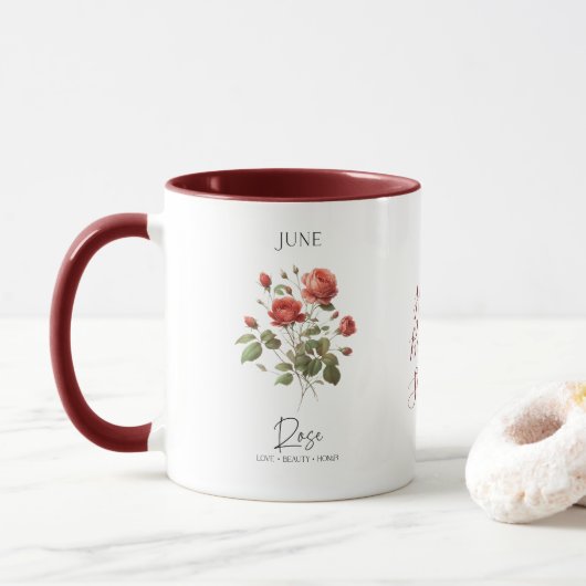 Mug Fleur du mois de naissance de juin Rose rouge Cade (Avec donut)