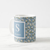 Mug Fleur Élégante Bleue Monogramme (Devant gauche)