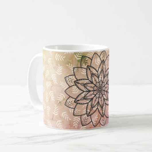 Mug Fleur Mandala dessinée à la main sur Feuille (Devant gauche)