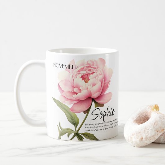 Mug Fleur personnalisée du mois de naissance Novembre (Avec donut)