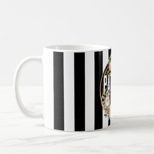 Mug fleur rose noir et blanc Stripes monogramme (Gauche)
