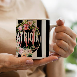 Mug fleur rose noir et blanc Stripes monogramme