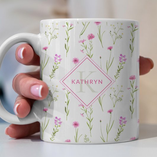 Mug Fleur rose sauvage illustrée Monogramme