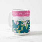 Mug Fleur rose sur Bleu foncé avec dentelle aux Faux (Devant gauche)