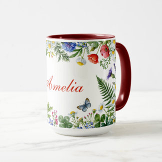 Mug Fleur sauvage à l'aquarelle avec nom personnalisé