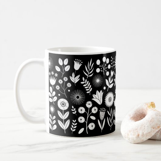 Mug Fleur sauvage Boho noir et blanc (Avec donut)