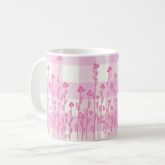 Mug Fleur sauvage mignon doodé rose plaid en vichy (Devant gauche)
