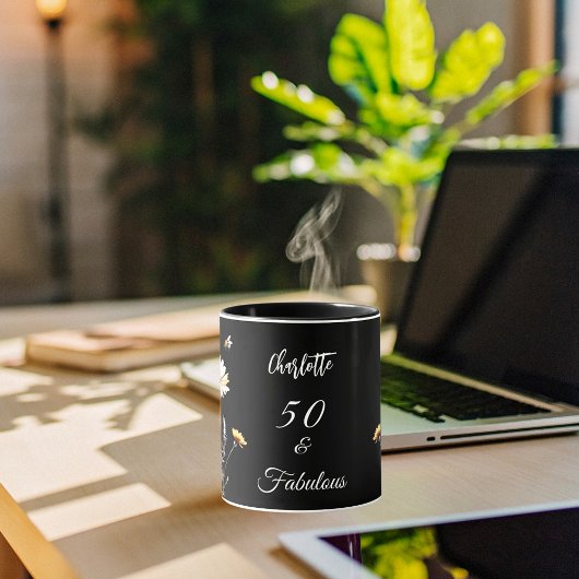 Mug Fleur sauvage noir jaune 50 fabuleux anniversaire
