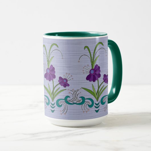 Mug Fleur Violette Enjouée avec Tourbillons de Teal (Devant droit)