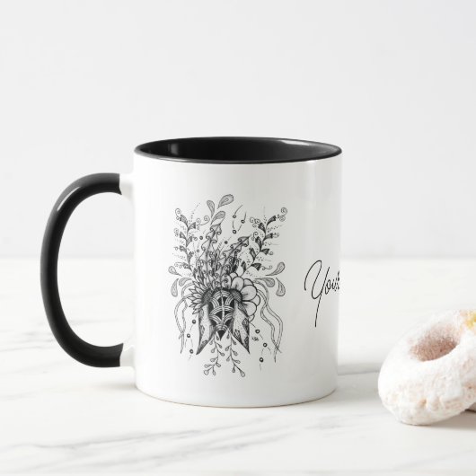 Mug Fleur Zen Art, encre dessin - (Avec donut)