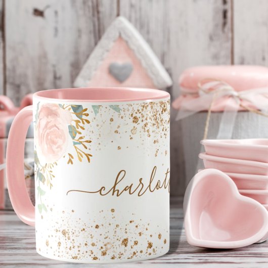 Mug fleurons d'or rose eucalyptus or nom parties scint