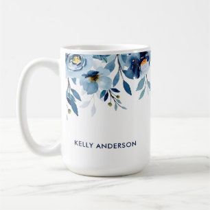 Mug Fleurs aquarelle bleue monogramme élégant