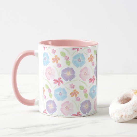 Mug Fleurs Aquarelle Rose doux, Bleu, Romantique (Avec donut)