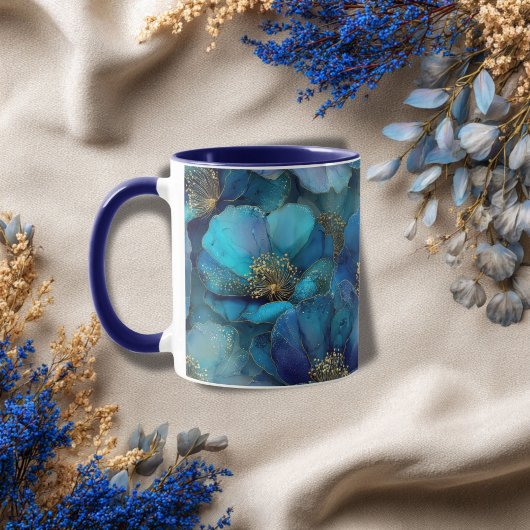 Mug Fleurs aquarelles abstraites bleu or