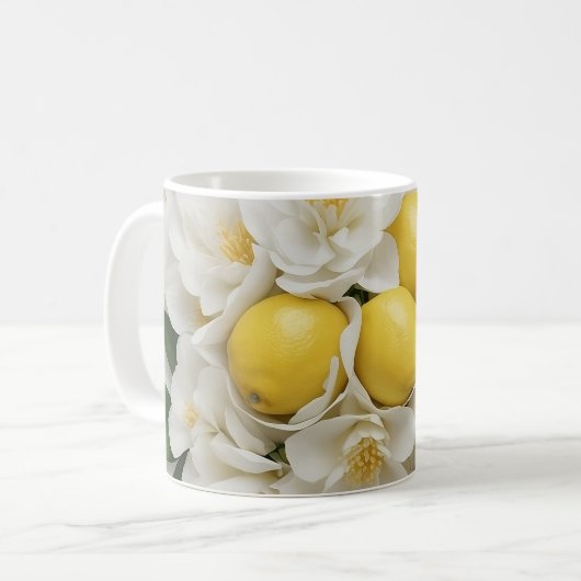 Mug Fleurs blanches, citrons et Feuilles verts sur bla (Devant gauche)