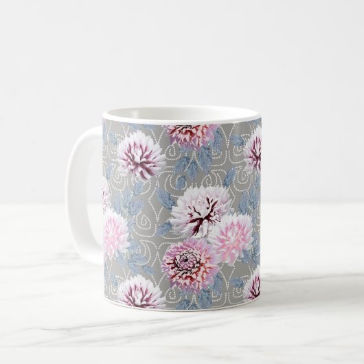 Mug Fleurs blanches et roses sur fond gris. (Devant gauche)