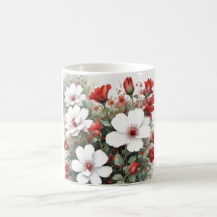 Mug Fleurs blanches et rouges Elégante aquarelle