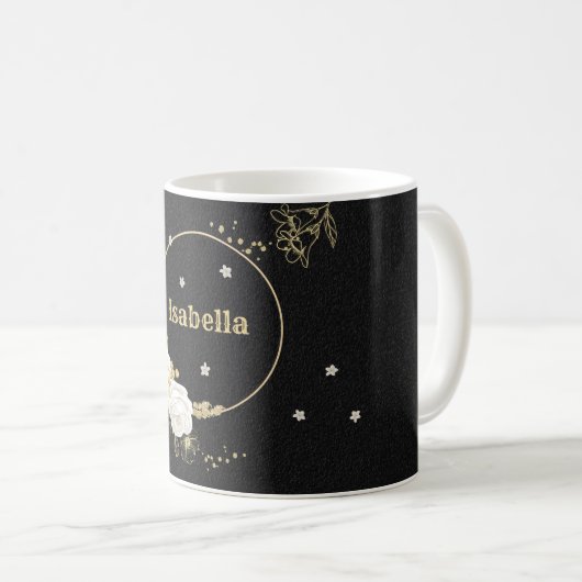 Mug fleurs blanches feuilles or noir (Devant droit)
