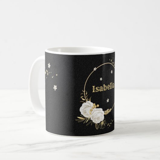 Mug fleurs blanches feuilles or noir (Devant gauche)