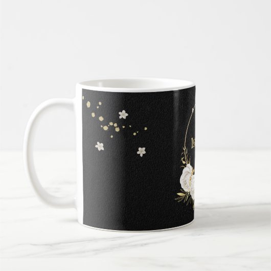 Mug fleurs blanches feuilles or noir (Gauche)