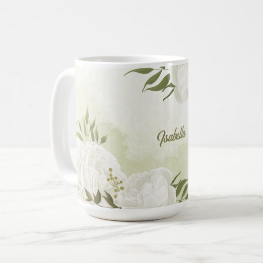 Mug fleurs blanches romantiques avec de jolies feuille (Devant gauche)