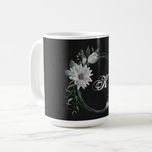 Mug fleurs blanches romantiques verdure noir (Devant gauche)