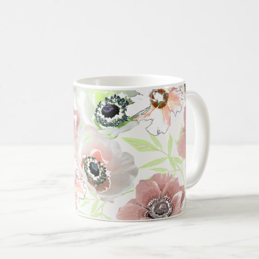 Mug Fleurs blanches, roses. (Devant droit)