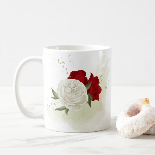 Mug Fleurs blanches rouges feuillage (Avec donut)