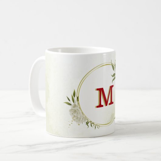 Mug Fleurs blanches rouges feuillage vert (Devant gauche)