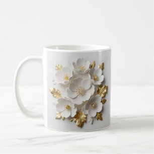 Mug fleurs blanches sculptées et feuilles dorées flora