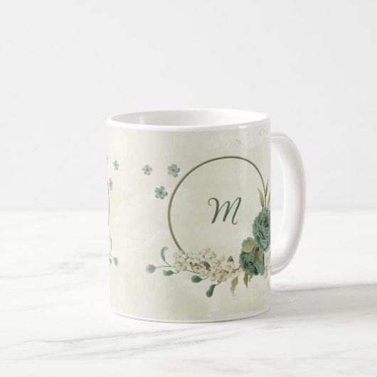 Mug fleurs blanches vert sauge (Devant droit)