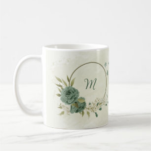 Mug fleurs blanches vert sauge 