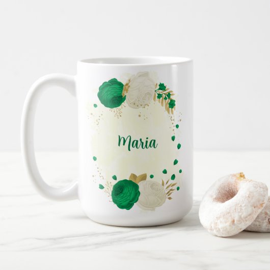 Mug fleurs blanches vertes or botanique mariage (Avec donut)