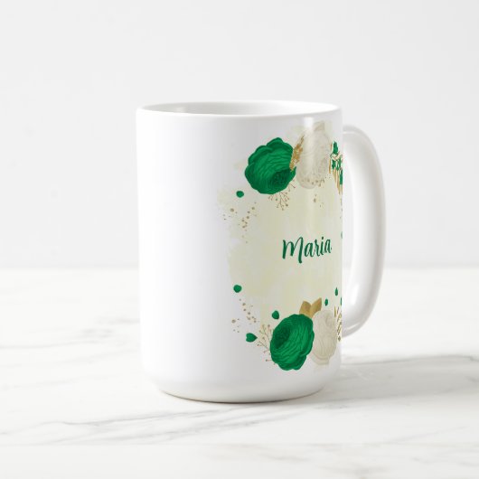 Mug fleurs blanches vertes or botanique mariage (Devant droit)