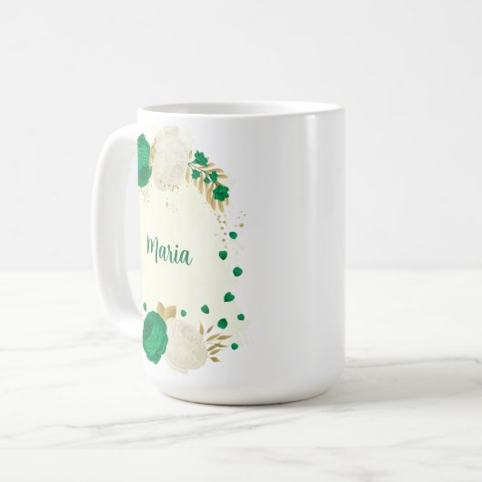 Mug fleurs blanches vertes or botanique mariage (Devant gauche)