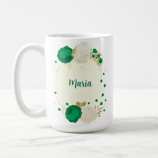 Mug fleurs blanches vertes or botanique mariage (Gauche)
