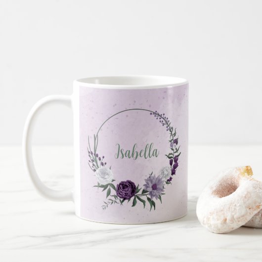 Mug Fleurs blanches violettes romantiques verdure (Avec donut)