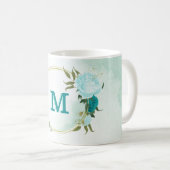 Mug fleurs bleu clair turquoise (Devant droit)