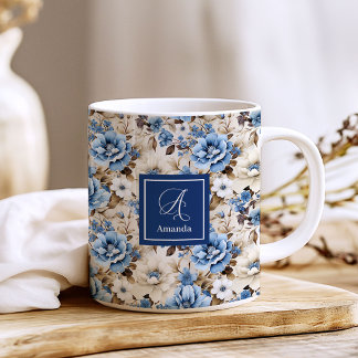 Mug Fleurs Bleu Marine Sophistiquées Personnalisées